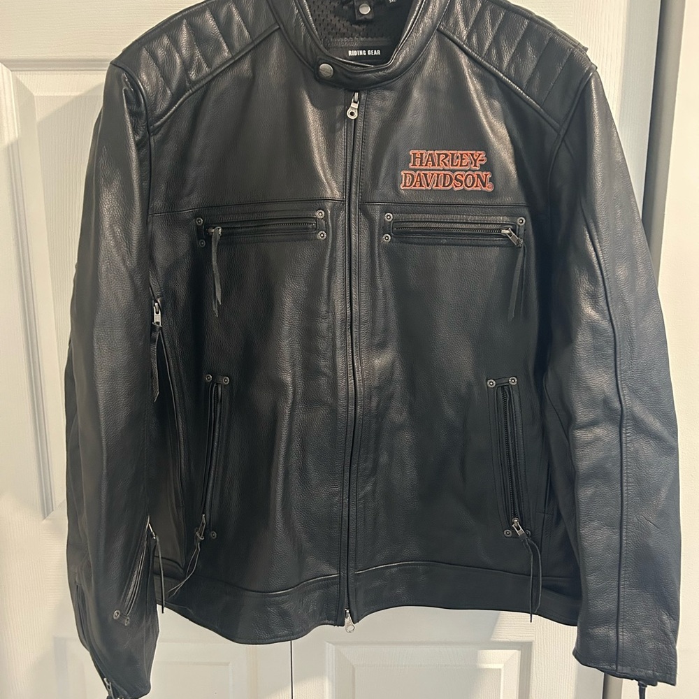 Harley-Davidson Black Leather Bomber Jacket with Orange Logo